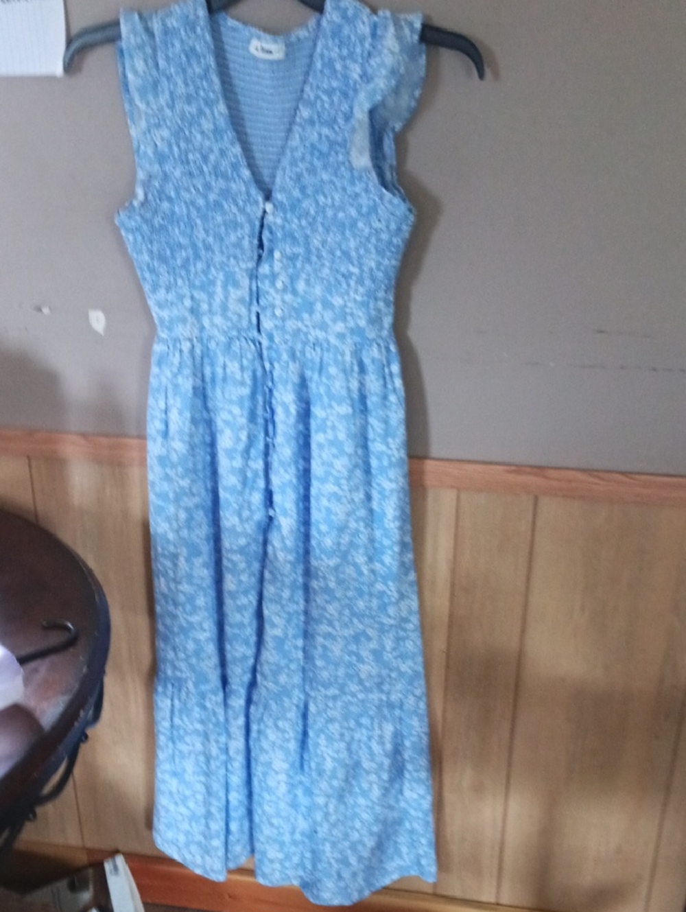 Smocked Blue Floral Midi Dress with Button Front